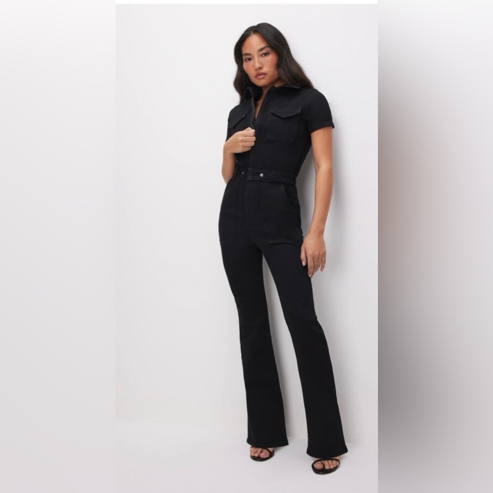NWT - Good American -‎ Black Short-Sleeve Utility Jumpsuit